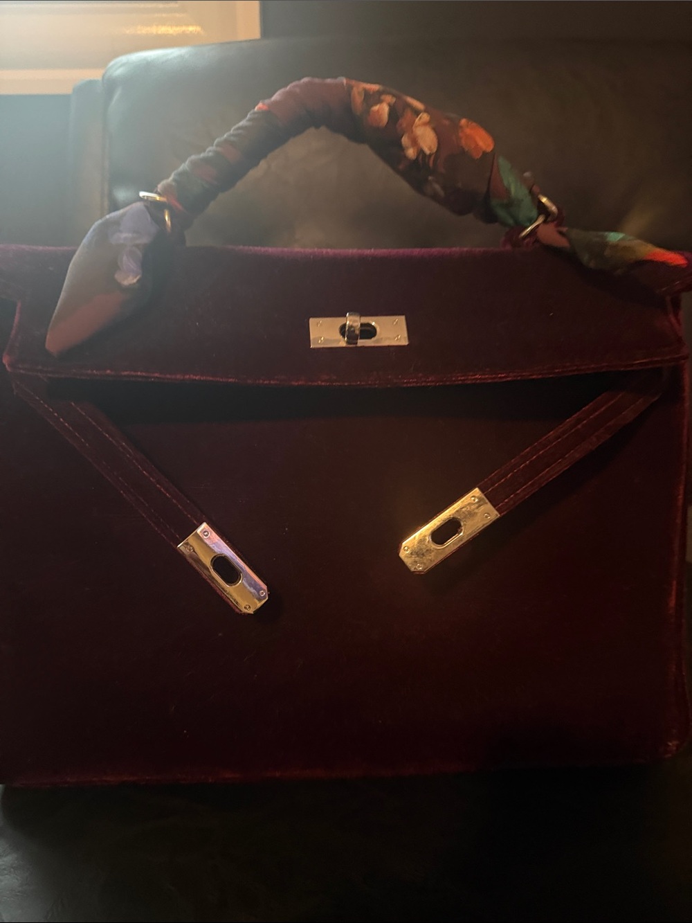 Velvet Top-Handle Shoulder Bag in Deep Burgundy with added shoulder strap